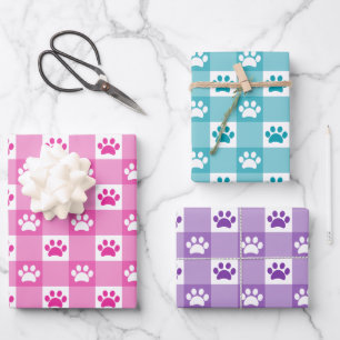 Niedlich Gingham Paw Print Pattern Pink Aquamarin  Geschenkpapier Set
