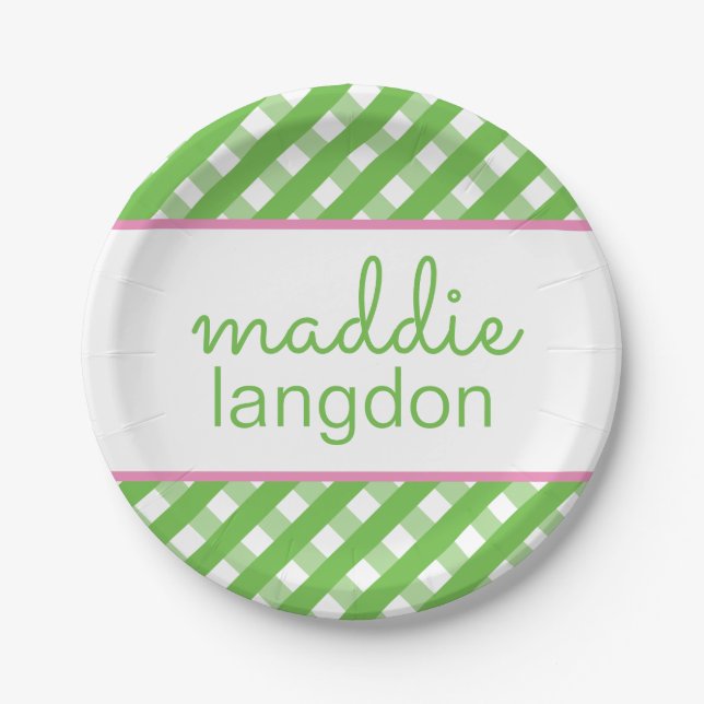 Niedlich Gingham Personalisiert Party Teller (Vorderseite)