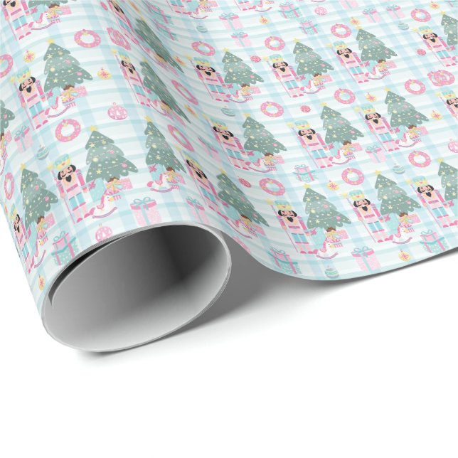Niedlich Gingham Pink Christmas Nutcracker Geschenkpapier (Rolleneckpunkt)