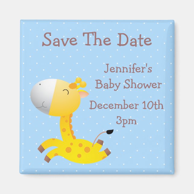 Niedlich Giraffe Blue Save the Date Baby Dusche Magnet (Vorne)