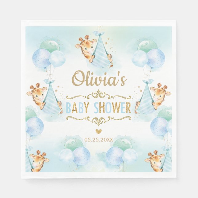 Niedlich Giraffe Boy Baby Dusche Blue Paper Napkin Serviette (Vorderseite)