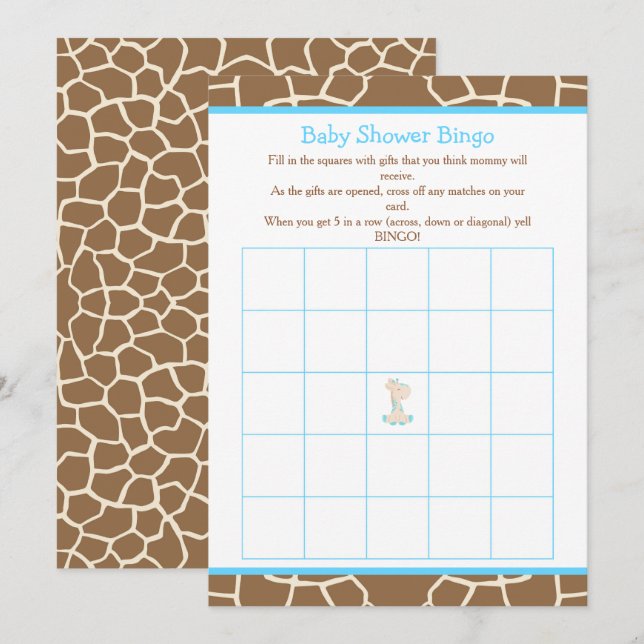Niedlich Giraffe Boy Blue Baby Shower Bingo Einladung (Vorne/Hinten)