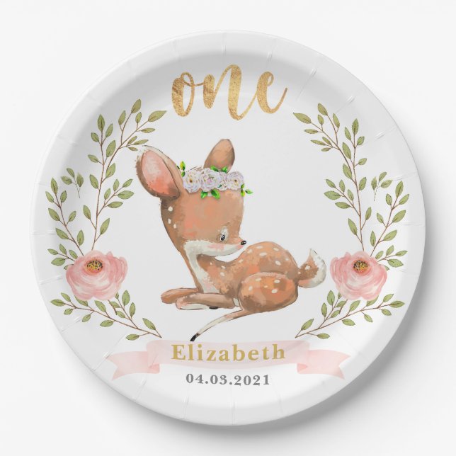 Niedlich Girl Baby Fawn 1. Geburtstag Party Pappteller (Vorderseite)