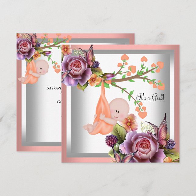 Niedlich Girl Baby Shower Girl Coral Peach 2 Einladung (Vorne/Hinten)