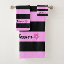 Niedlich Girl Black & Pink Streifen Frangipani Cus Badhandtuch Set