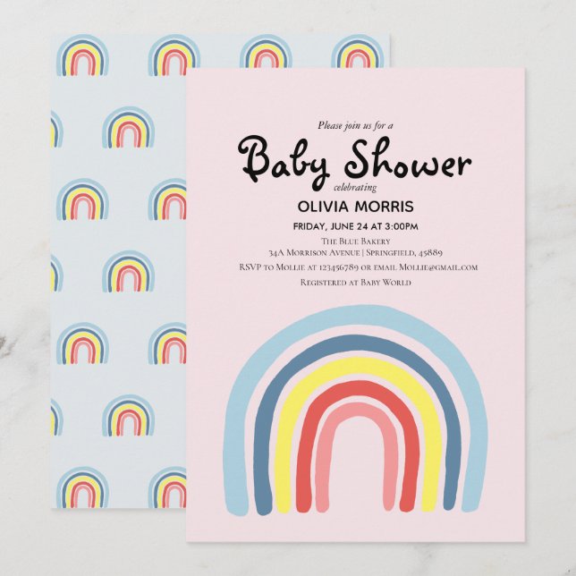 Niedlich Girl Boho Rainbow und Name Baby Dusche Einladung (Vorne/Hinten)