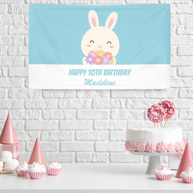 Niedlich Girl Cartoon Rabbit & Blume Kindergeburts Banner (Von Creator hochgeladen)