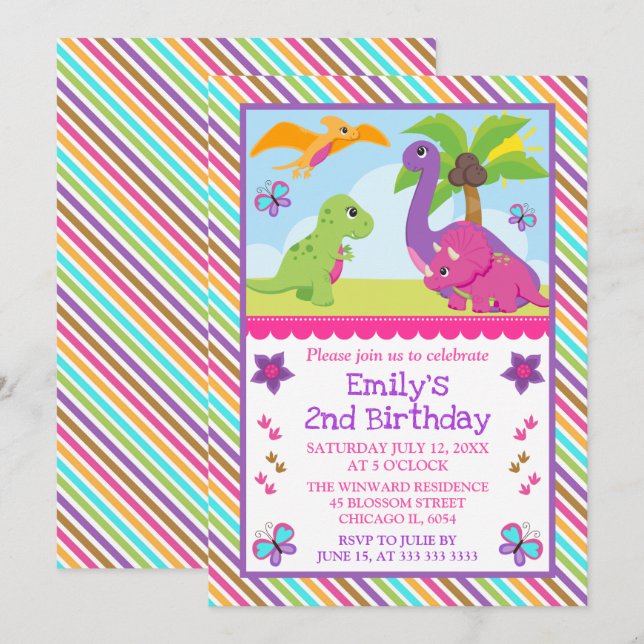 Niedlich Girl Dinosaur Friends Kindergeburtstag Einladung (Vorne/Hinten)