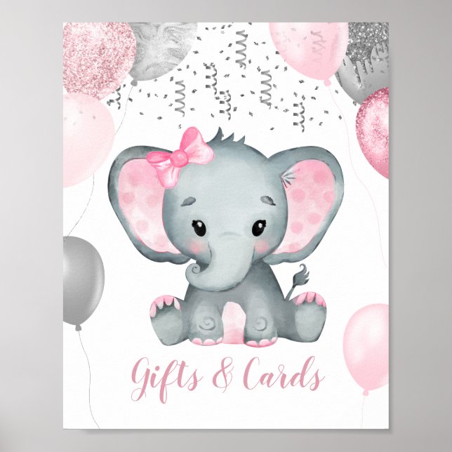 Niedlich Girl Elephant Balloons Babydusche Geschen Poster (Vorne)