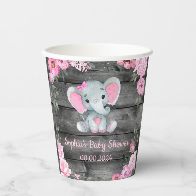 Niedlich Girl Elephant Floral Baby Shower Becher (Vorderseite)