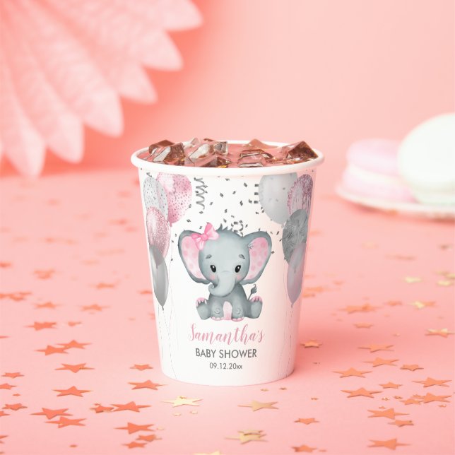 Niedlich Girl Elephant Pink Balloons Babydusche Pappbecher (Insitu)