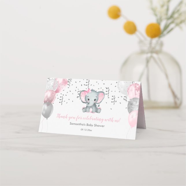 Niedlich Girl Elephant Pink Balloons Babydusche Platzkarte (Vorderseite)