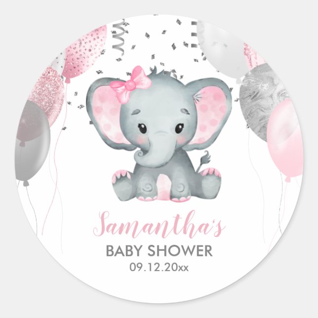 Niedlich Girl Elephant Pink Balloons Babydusche Runder Aufkleber (Vorderseite)