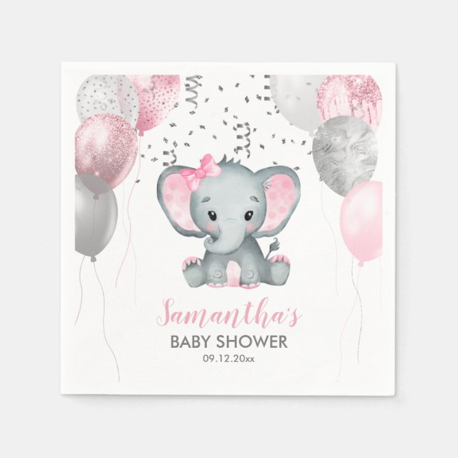 Niedlich Girl Elephant Pink Balloons Babydusche Serviette (Vorderseite)
