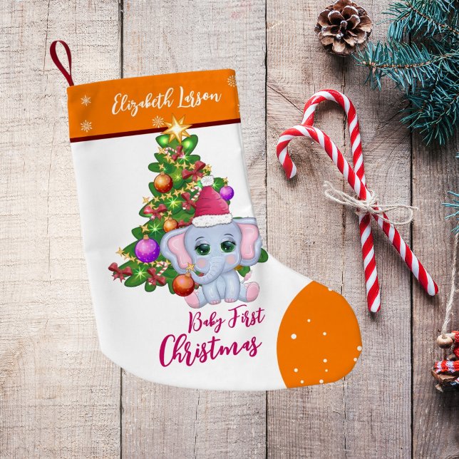 Niedlich Girl FIRST CHRISTMAS Orange Elephant BABY Kleiner Weihnachtsstrumpf (Von Creator hochgeladen)