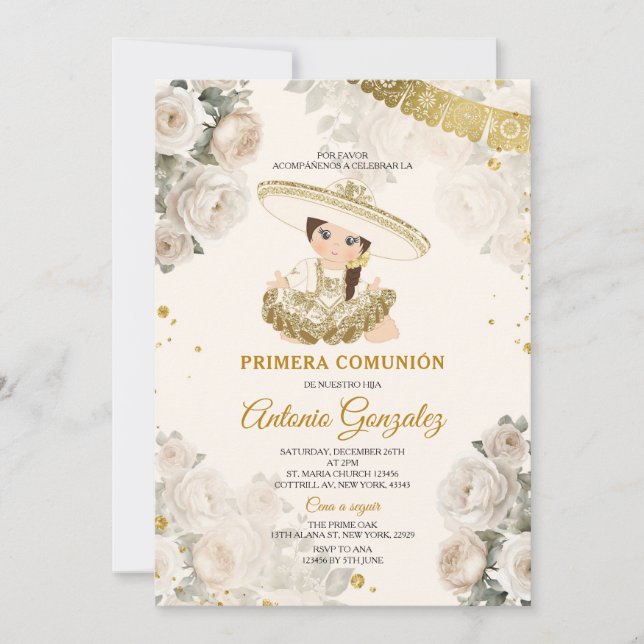 Niedlich Girl-Gold-Creme-Blume Primera Comunión Einladung (Vorderseite)