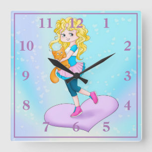Niedlich Girl Holding Cat Quadratische Wanduhr