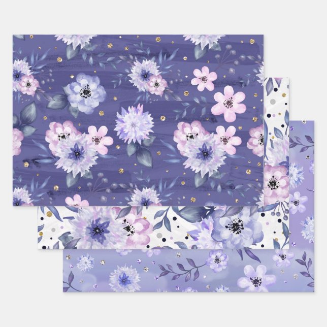 Niedlich Girl Lila Pink Floral Glitzer Geschenkpapier Set (Set)