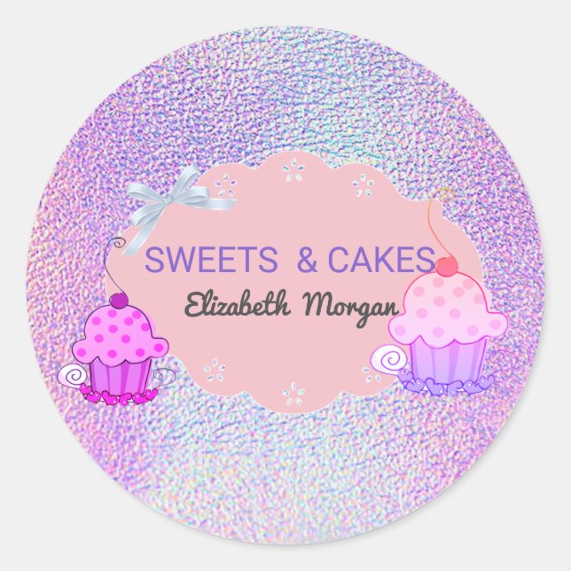 Niedlich Girl Modern, Holographic Cupcake Bäckerei Runder Aufkleber (Vorderseite)
