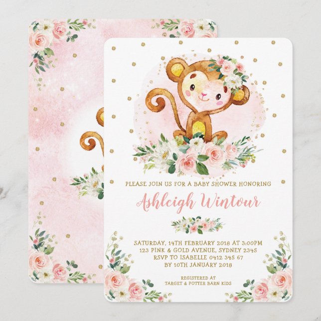 Niedlich Girl Monkey Baby Pink Gold Floral Baby Du Einladung (Vorne/Hinten)