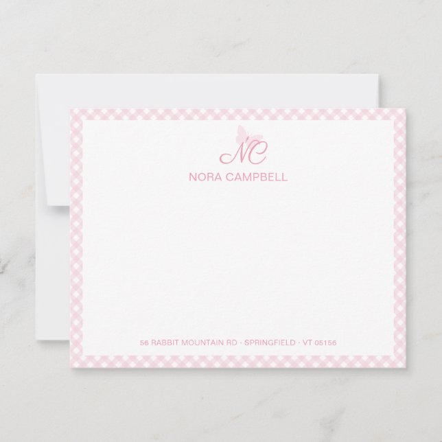 Niedlich Girl Monogram Name Baby Pink Gingham Karo Mitteilungskarte (Vorderseite)