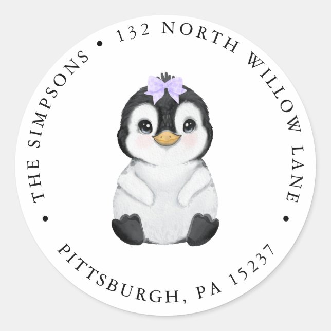 Niedlich Girl Penguin Rücksendeadresse Runder Aufkleber (Vorderseite)