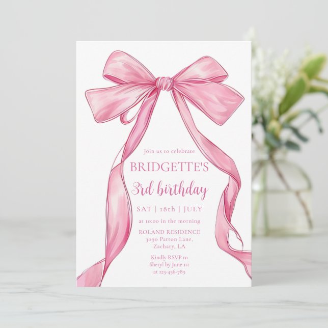 Niedlich Girl Pink Bow Geburtstag Einladung (Stehend Vorderseite)