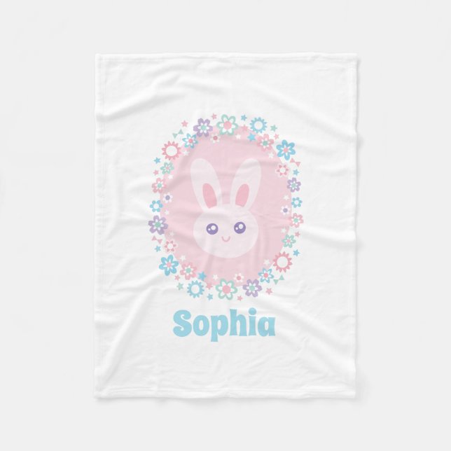 Niedlich Girl Pink Bunny Rabbit Floral Monogram Fleecedecke (Vorderseite)