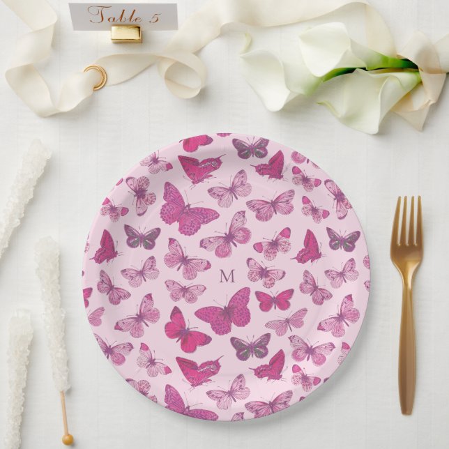 Niedlich Girl Pink Butterfly Pattern Monogramm Pappteller (Hochzeit)