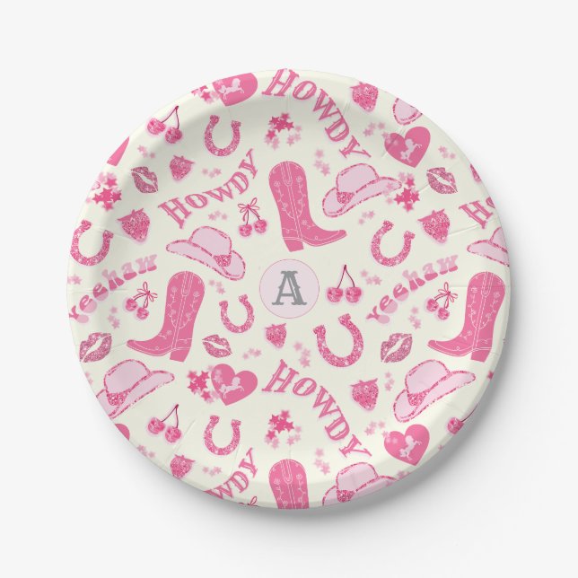 Niedlich Girl Pink Cowgirl Bows Cherries Monogramm Pappteller (Vorderseite)