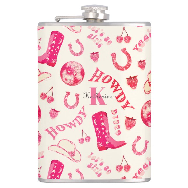Niedlich Girl Pink Disco Cowgirl Name Monogram Flachmann (Vorderseite)