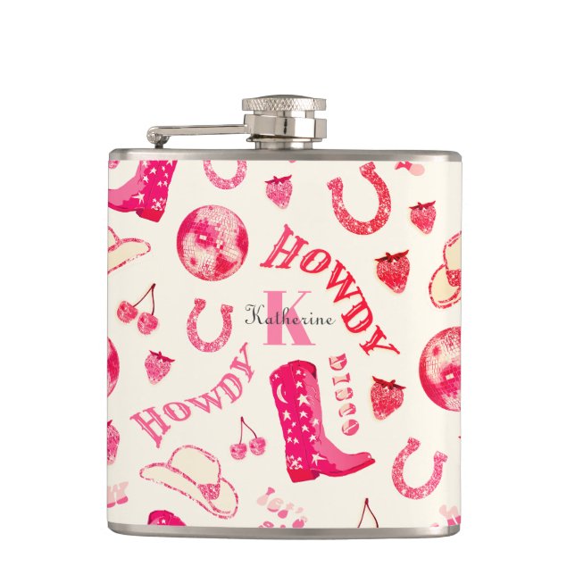Niedlich Girl Pink Disco Cowgirl Name Monogram Flachmann (Vorderseite)