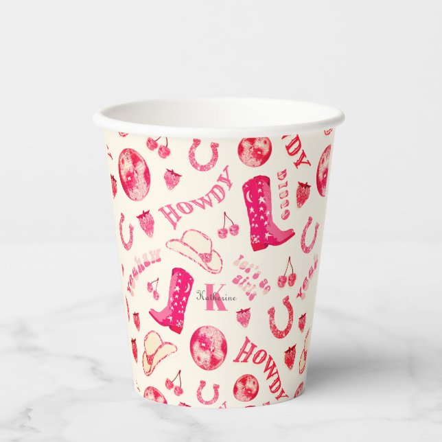 Niedlich Girl Pink Disco Cowgirl Name Monogram Pappbecher (Vorderseite)