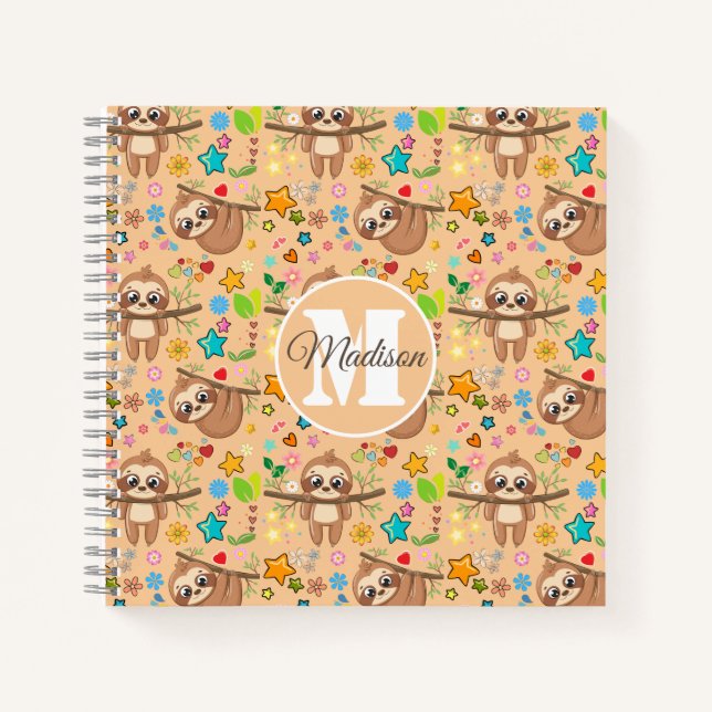 Niedlich Girl Pink Floral Sloth Muster Mit Monogra Notizbuch (Vorderseite)