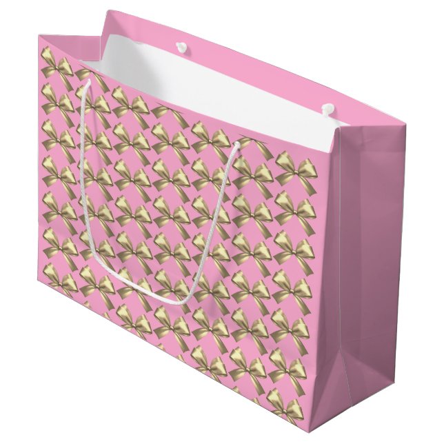 Niedlich Girl Pink Gold Satin Ästhetischer Bow Große Geschenktüte (Vorderseite Schrägansicht)