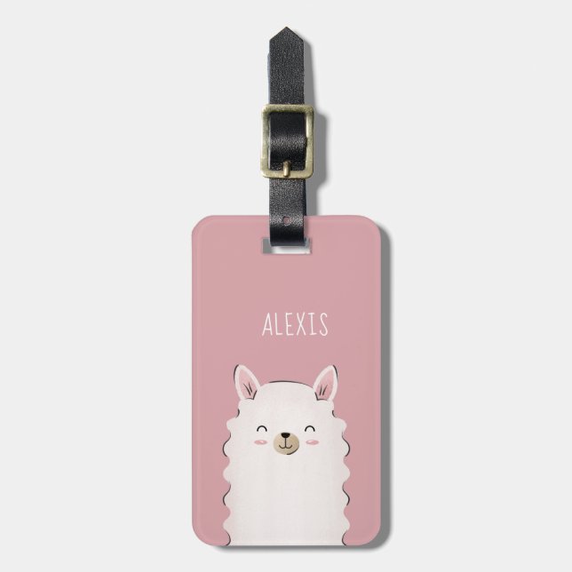 Niedlich Girl Pink Happy Llama Kid's Name Funny An Gepäckanhänger (Vorderseite vertikal)
