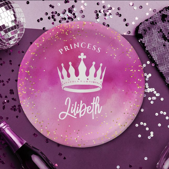 Niedlich Girl Pink Princess Crown Tiara Wasserfarb Pappteller (Von Creator hochgeladen)