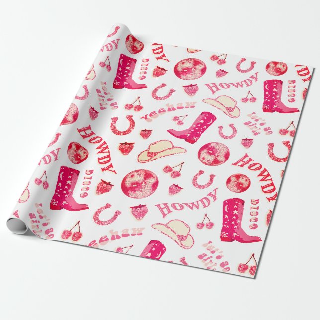 Niedlich Girl Pink Red Disco Cowgirl Ästhetik Geschenkpapier (Ungerollt)