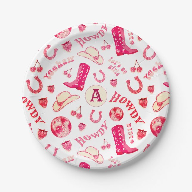 Niedlich Girl Pink Red Disco Cowgirl mit Monogram Pappteller (Vorderseite)