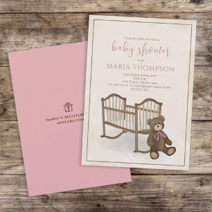 Niedlich Girl Pink Vintag Teddy Bär Gift Registry Einladung