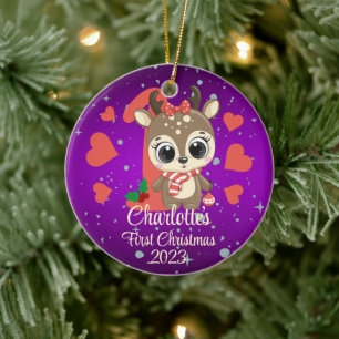 Niedlich Girl Reindeer Baby's First Christmas Lila Keramik Ornament