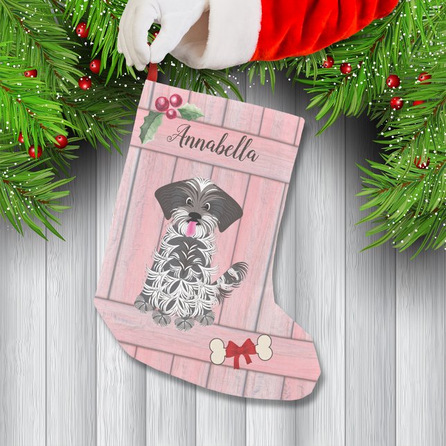 Niedlich Girl Shih Tzu Pink Holzzaun Monogramm Kleiner Weihnachtsstrumpf (Von Creator hochgeladen)