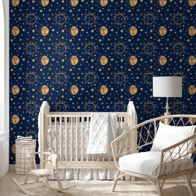 Niedlich Girl Sun Moon & Stars Magic Gold & Navy B Tapete (Kinder)