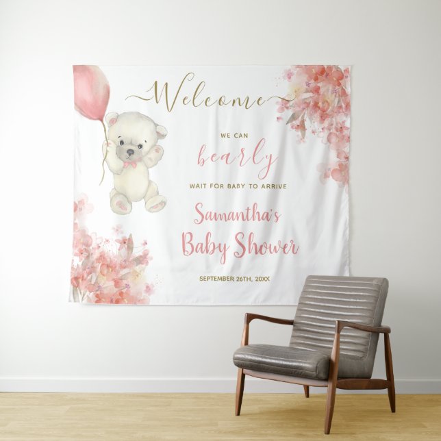Niedlich Girl Teddy Bear Pink Babydusche Begrüßung Wandteppich (Beispiel (Horizontal))