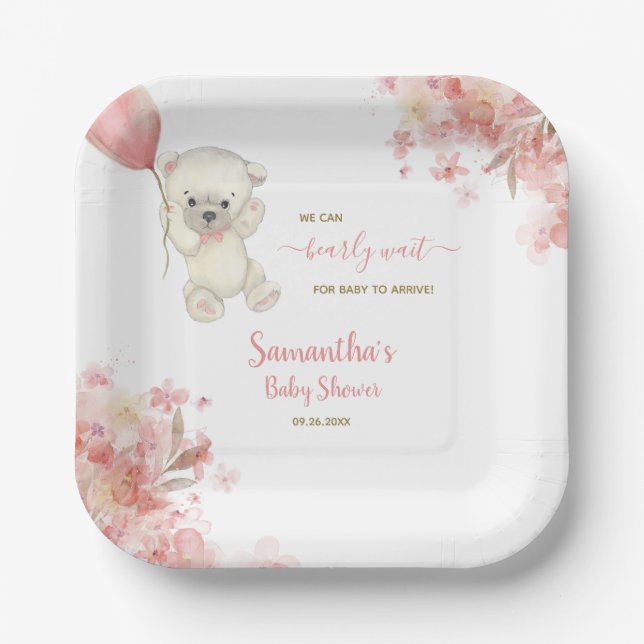 Niedlich Girl Teddy Bear Wasserfarbe Pink Babydusc Pappteller (Vorderseite)