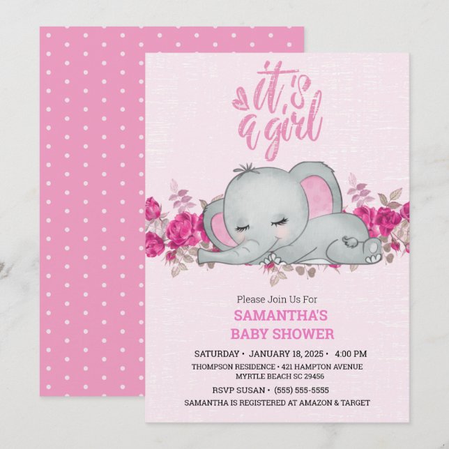 Niedlich Girls Baby Elephant Schlafen Blumenrosa Einladung (Vorne/Hinten)