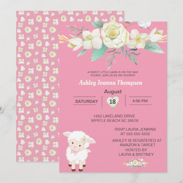 Niedlich Girls Floral Lamb Baby Dusche Einladung (Vorne/Hinten)