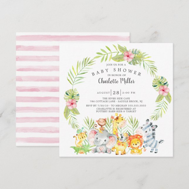 Niedlich Girls Jungle Animals Kinderdusche Einladung (Vorne/Hinten)