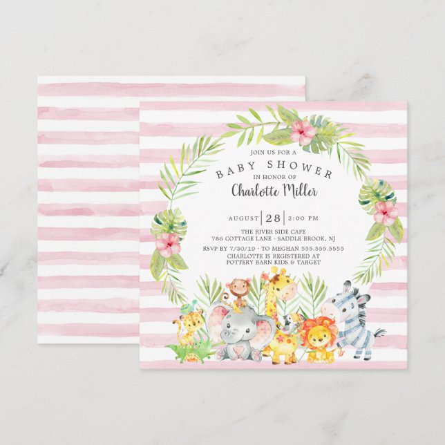 Niedlich Girls Jungle Animals Kinderdusche Einladung (Vorne/Hinten)