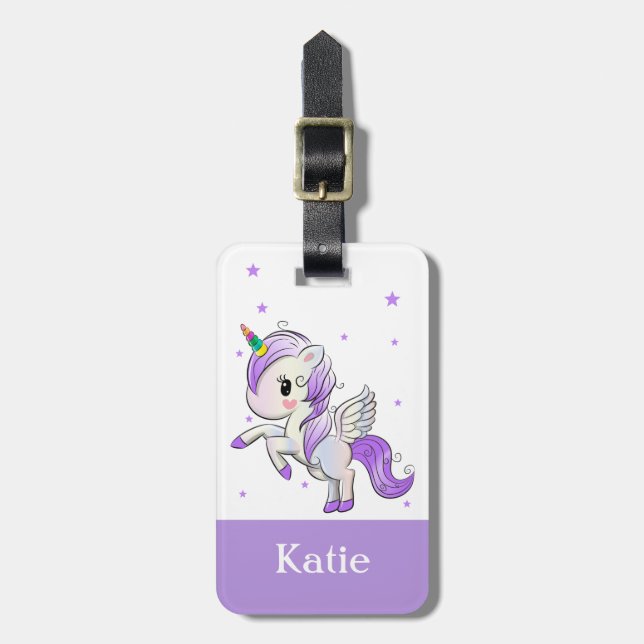 Niedlich Girls Lila Cartoon Unicorn Pegasus Gepäckanhänger (Vorderseite vertikal)